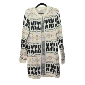 Kamana Cardigan Sweater Womens Large White Black Geometric Long Line Knit Cozy
